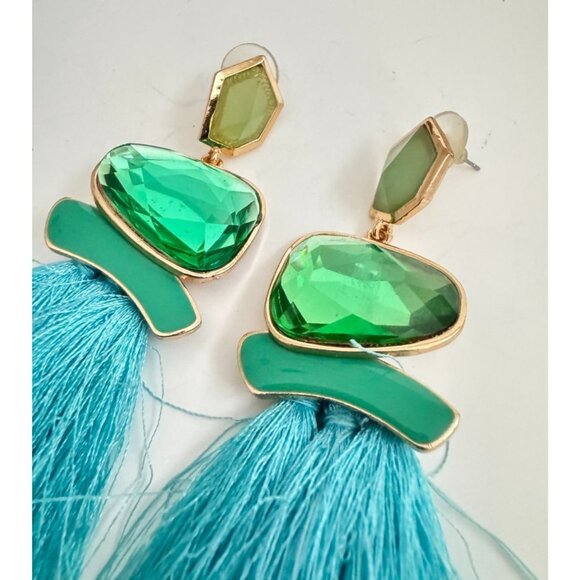 Boho Statement Tassel Earrings Green Gem Blue Fringe 3.5” - Picture 3 of 4
